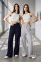 Women's Navy Blue-Grey 2-Piece Wide Leg Pocketless Ribbed Stripe Detailed Summer Tracksuit - 2
