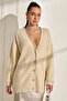Women'S, Ecru, Knitwear Cardigan, Soft, Soft Textured, Pearl Detailed, Buttoned, V-Neck, Oversize, Long Sleeve, Stylish - 2