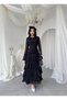 Women's Black Midi Dress with Crew Neck, Transparent Sleeves, Layered Flounces, Atlas - 8
