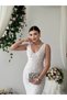 Women's White Midi Dress V-Neck Sleeveless 3D Rose Appliqué Fitted Dress - 2