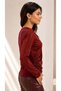 Women's Burgundy Self-Patterned Boat Neck Long Sleeve Sandy Fabric Blouse with Gathered Detail at the Shoulder and Side - 4