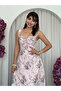 Women's Pink Floral Patterned Gathered Strap Square Neck Midi Dress - 5