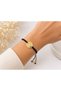 Gold Color Oval Plate Adjustable Black String Evil Eye Bead Detailed Steel Bracelet