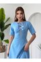 Women's Baby Blue Midi Dress with Stone Bow Detail, Crew Neck, Short Sleeves