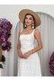 Women's White Midi Dress with Scallop Pattern, Square Collar and Belt Detail - 6