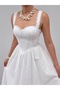 Women's White Dress with Scallop Texture, Straps, Heart Collar, Gathered Long Dress - 8