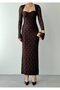 Women's Brown Lace Midi Dress with Heart Collar, Long Sleeves, Fitted Fit, Suitable for Events - 3