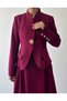 Women's Burgundy Skirt Suit with Stand Collar, Pocket Detail, Single Button, Long Atlas Weaving - 7