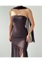 Women's Brown Evening Dress with Shawl Detail, Strapless Neckline, Draped Chiffon Skirt, Long - 8