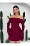 Women's Burgundy Mini Dress Boat Neck Long Sleeve Mini Atlas Dress with Pockets