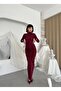 Women's Burgundy Long Sleeve Turtleneck Backless Gathered Long Dress - 6