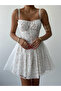 Women's White Mini Dress with Straps, Square Collar, Floral Pattern, Tulle Skirt, Corset Look - 2