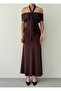 Women's Coffee Color Midi Dress Strapless Collar Draped Halter Lace-Up Diver Fabric - 2