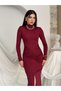 Women's Burgundy High Neck Long Sleeve Gathered Slit Midi Pencil Dress - 2