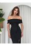 Women's Black Strapless Midi Dress Boat Neck Floral Appliqué Slit Atlas - 5