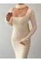 Women's Beige Lace Dress Square Neck Long Sleeve Shawl Long Evening Dress - 8