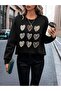 Women's Leopard 6-Piece Heart Printed Crew Neck Unisex Black Oversize Sweatshirt