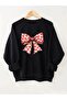 Women's Pink Bow Ribbon Printed Crew Neck Gray Black Sweatshirt Oversize Loose Fit - 3