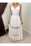 Women's White Maxi Strappy V-Neck Lace Detailed Layered Long Dress - 4