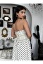 Women's Ecru Strapless Polka Dot Back Tie Drawstring Long Evening Dress - 2