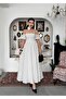 Women's Ecru Polka Dot Off-Shoulder Balloon Sleeve Gathered Midi Dress - 8