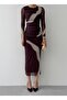 Women's Coffee Patterned Tulle Detailed Gathered Long Sleeve Midi Pencil Dress - 2