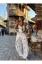 Women's Floral Patterned Salgu Cotton Linen Fabric Supported Strap Bustier and Cross Detail Pants Set - 4