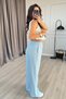 Women's Baby Blue Linen Lace-Up Elastic Waist Wide Leg Long Trousers with Side Pockets - 2