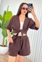 Women's Brown Muslin Textured Pocketed Elastic Waist Lace-Up Short Shorts - 5