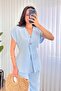 Women's Baby Blue Top and Bottom Set Linen Double Set Single Button V-Neck Lace-Up Wide Leg - 3