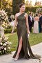 Women's Khaki Asymmetrical Collar Slit Long Evening Dress - 5