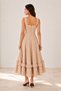 Coffee-Colored Plaid Skirt with Ruffle Detail at the Hem, Square Neckline, Mid-Length Dress - 6