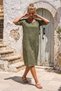 Khaki Pool Collar 3/4 Sleeve Hidden Pocket Lined Embroidered Casual Cotton Woven Dress 105 56 - 6