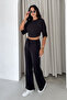 Women's Black Crop Blouse Wide Leg Pants Two-Piece Set - 5