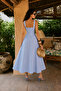 Blue and White Gingham Square Collar Princess Stitched Flared Maxi Dress - 3