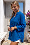 Blue Hakim Collar 3/4 Sleeve Embroidered Hem Oval Casual Cotton Woven Blouse 72 62 - 3
