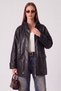 Women's Vintage Long Oversize Zippered Black Leather Jacket with Flap Pockets - 2