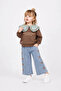 Ruffle Collar Detailed Bow Embroidered Jean Girls' Set - Brown - 2