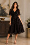 Women's Double-Breasted Collar Short-Sleeved Lycra Lined Waist-Fitted Patterned Stylish Brown Midi Evening Dress - 6