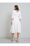 White Solid 3/4 Sleeves A-Line Midi Dress - 5