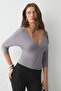 Calyra Women's Stretchy Fabric V-Neck Front Gathered Long Sleeve Gray Blouse - 3