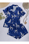 Blue Graphic Print Shirt and Shorts Pajama Set