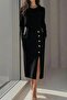 Women's Long Sleeve Crew Neck Side Slit Button Midi Imported Crepe Dress