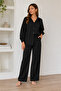 Women's Black Suit Shirt with Elastic Waist and Wide Leg Pants Two-Piece Set