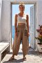 Camel Embroidered Pocketed Elastic Waist Shalwar Leg Casual Linen Look Woven Trousers 90 68 - 4