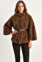 Women's Belt Detailed Soft Textured Plush Poncho Brown - 5