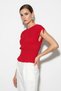 Women's Shoulder Tie Detailed Gathered Embroidered Fit Cut Knitwear Red Blouse - 2