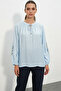Women's Lace-Up Collar Oversize Embroidered Floral Patterned Blue Blouse - 4