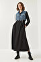 Women's Denim Garnished Long Flared Black Dress - 6