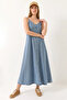 Women's Thin Strap Long Denim Ice Blue Dress - 5